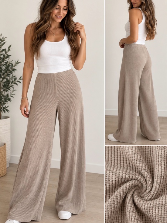 Zenana Outfitters Pants - Zenana Outfitters Wide-Leg Knit Pants in Taupe
